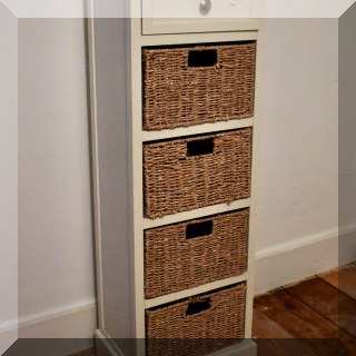 F47. Painted storage cabinet with 4 baskets. Some wear to paint and damage to 1 basket. 45”h x 15”w x 12”d - $48